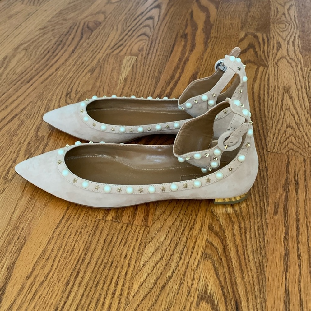 Nude, light pink color suede pearl embellished shoes with ankle straps